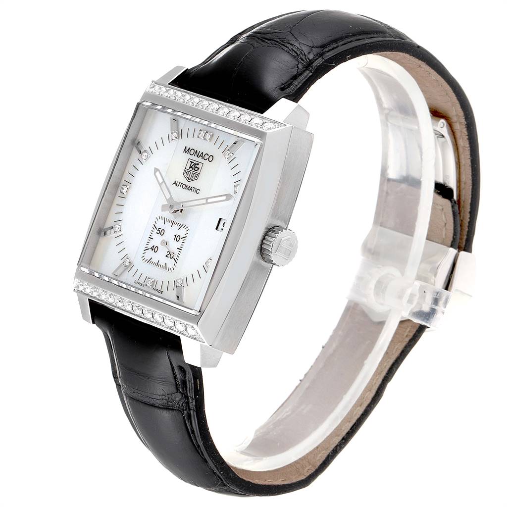This image shows a side angle of the Tag Heuer Monaco WW2114.FC6215 Men's Stainless Steel Mother of Pearl Dial WW2114.FC6215 Men's Stainless Steel Mother of Pearl Dial watch, featuring its face, bezel, and black leather strap.