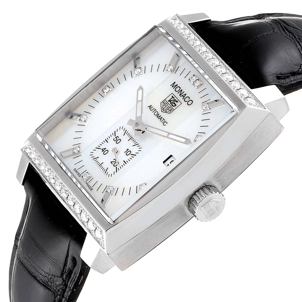 The image shows a close-up of the Tag Heuer Monaco WW2114.FC6215 Men's Stainless Steel Mother of Pearl Dial WW2114.FC6215 Men's Stainless Steel Mother of Pearl Dial watch from a slightly angled top view, highlighting its face, bezel, and strap.