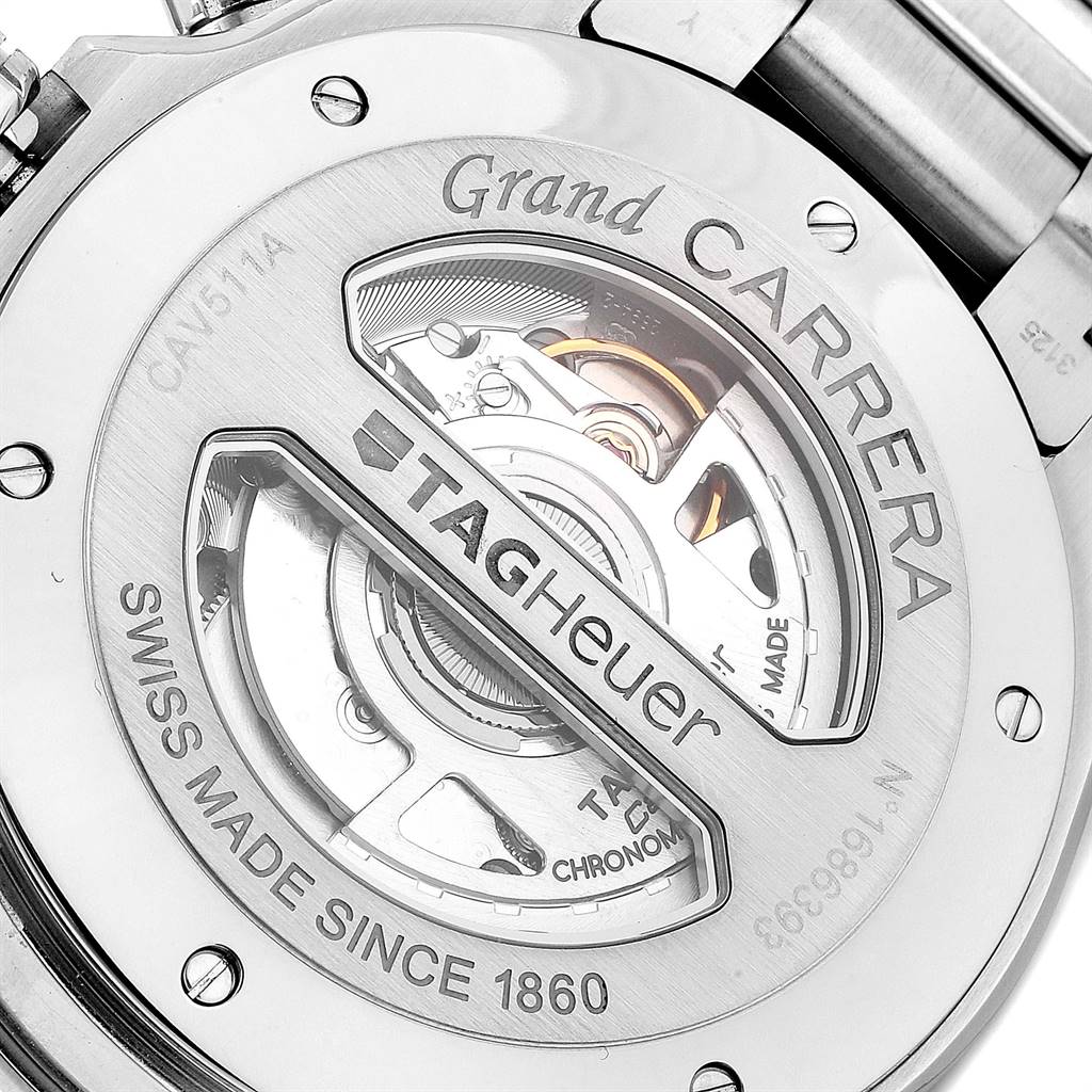 The image shows the back view of a Tag Heuer Carrera CAV511A Men's Stainless Steel Black Dial CAV511A Men's Stainless Steel Black Dial watch, revealing the internal mechanics and engraving details.