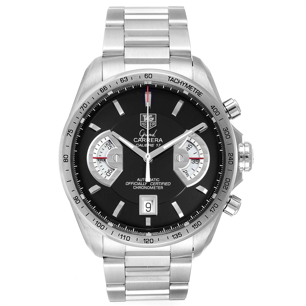 This image shows a front view of the Tag Heuer Carrera CAV511A Men's Stainless Steel Black Dial CAV511A Men's Stainless Steel Black Dial watch, displaying its dial, bezel, subdials, and metal bracelet.