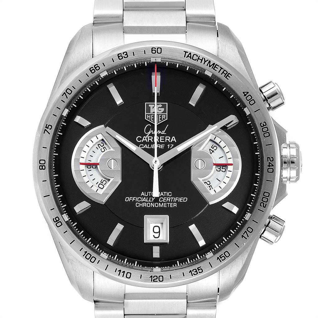 This image shows a frontal view of the Tag Heuer Carrera CAV511A Men's Stainless Steel Black Dial CAV511A Men's Stainless Steel Black Dial model watch with a visible face, bezel, hands, and chronograph dials.