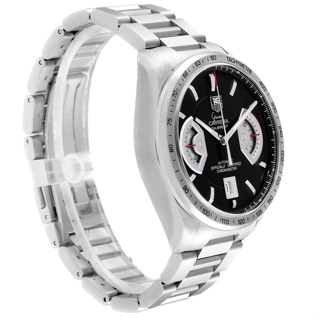 This image shows a side angle of a Tag Heuer Carrera CAV511A Men's Stainless Steel Black Dial CAV511A Men's Stainless Steel Black Dial watch, highlighting the face, case, and bracelet.