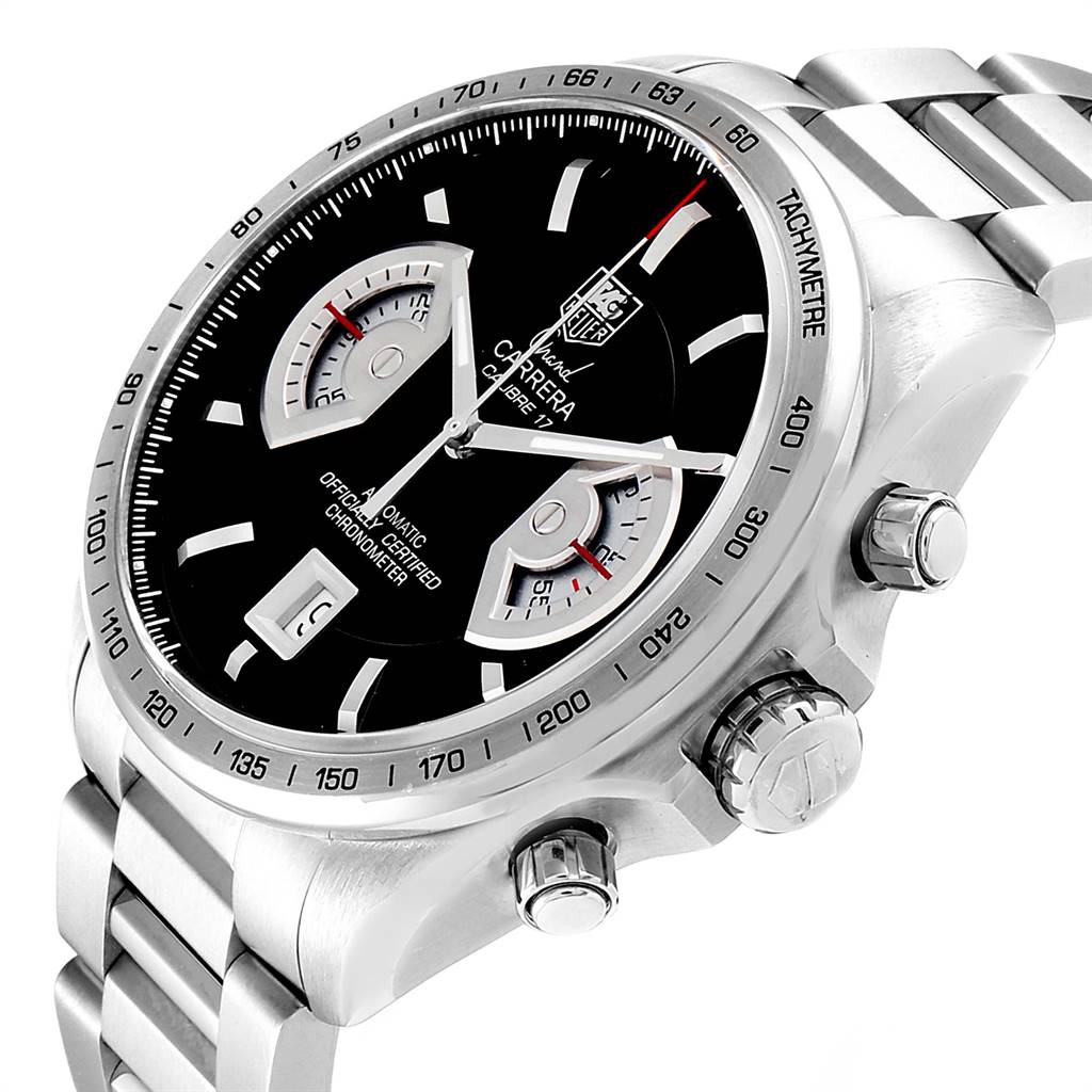 The image shows a Tag Heuer Carrera CAV511A Men's Stainless Steel Black Dial CAV511A Men's Stainless Steel Black Dial watch at a three-quarter angle, highlighting its face, crown, pushers, and bracelet.