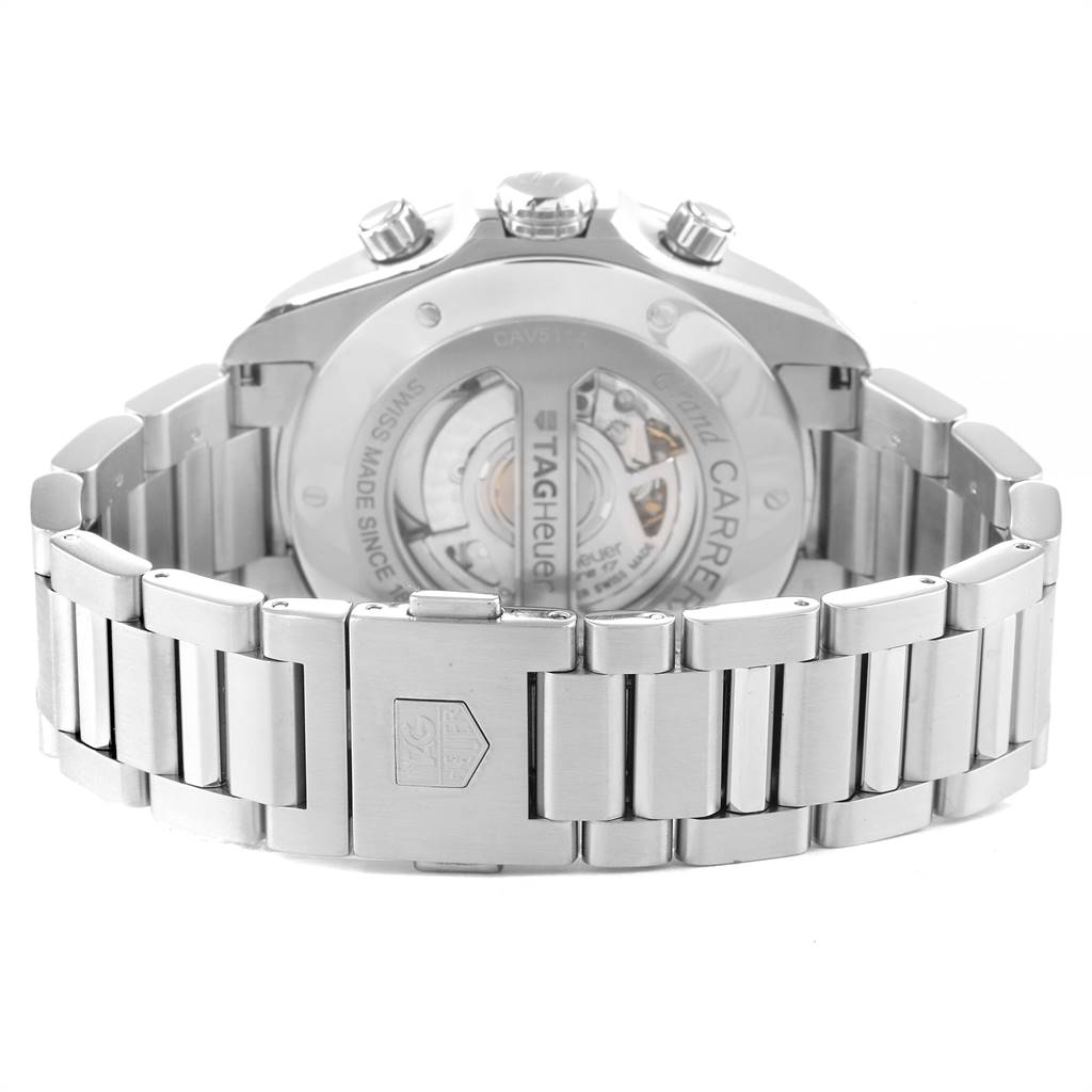 The image shows the back view of a Tag Heuer Carrera CAV511A Men's Stainless Steel Black Dial CAV511A Men's Stainless Steel Black Dial watch, focusing on the case back and metal bracelet.