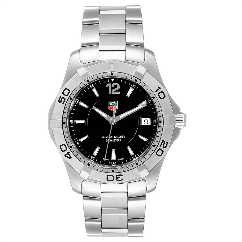 The image shows a front view of the Tag Heuer Aquaracer WAF1110.BA0800 Men's Stainless Steel Black Dial WAF1110.BA0800 Men's Stainless Steel Black Dial watch featuring its bezel, dial, and bracelet.
