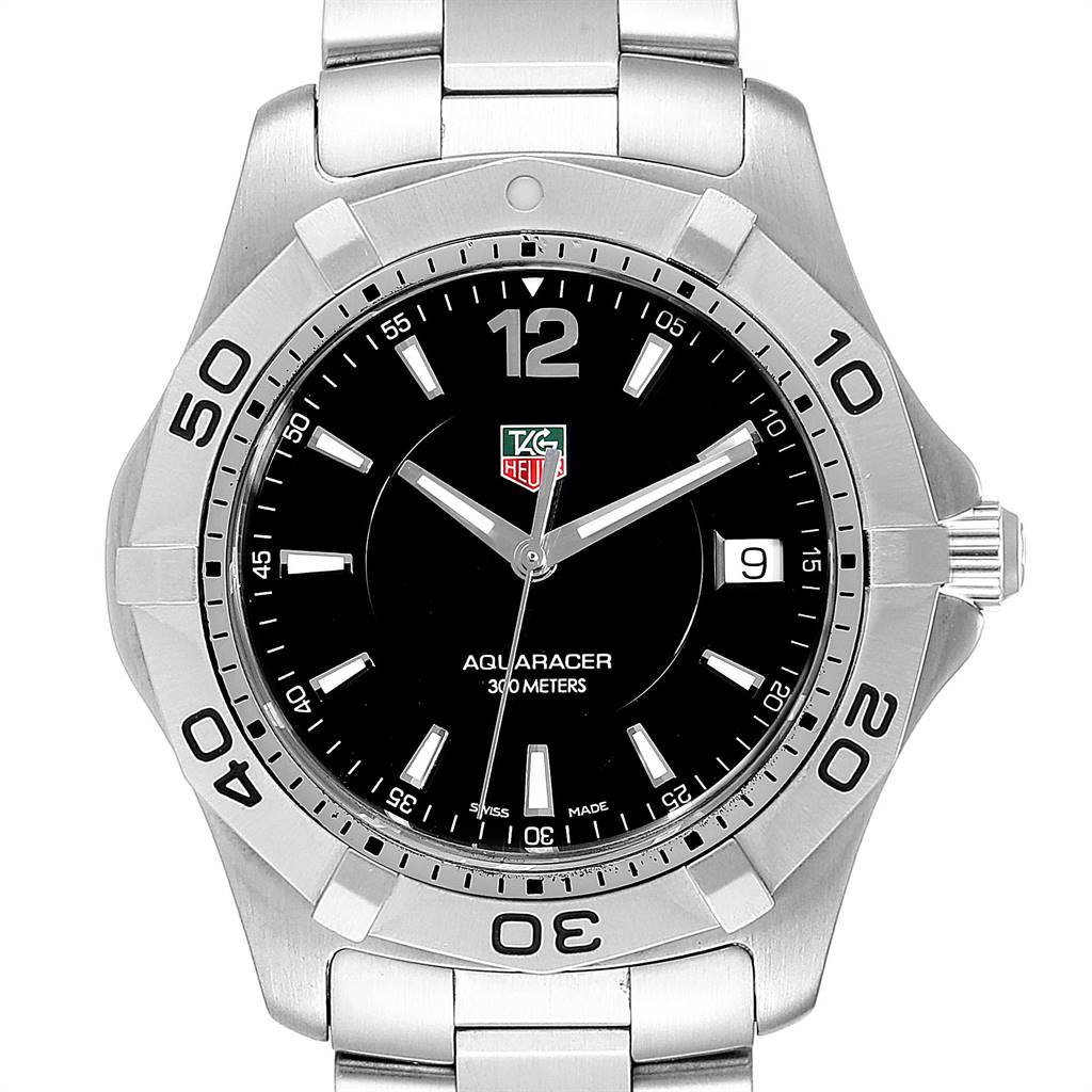 This is a front view of the Tag Heuer Aquaracer WAF1110.BA0800 Men's Stainless Steel Black Dial WAF1110.BA0800 Men's Stainless Steel Black Dial watch, showing the dial, bezel, and part of the metal bracelet.