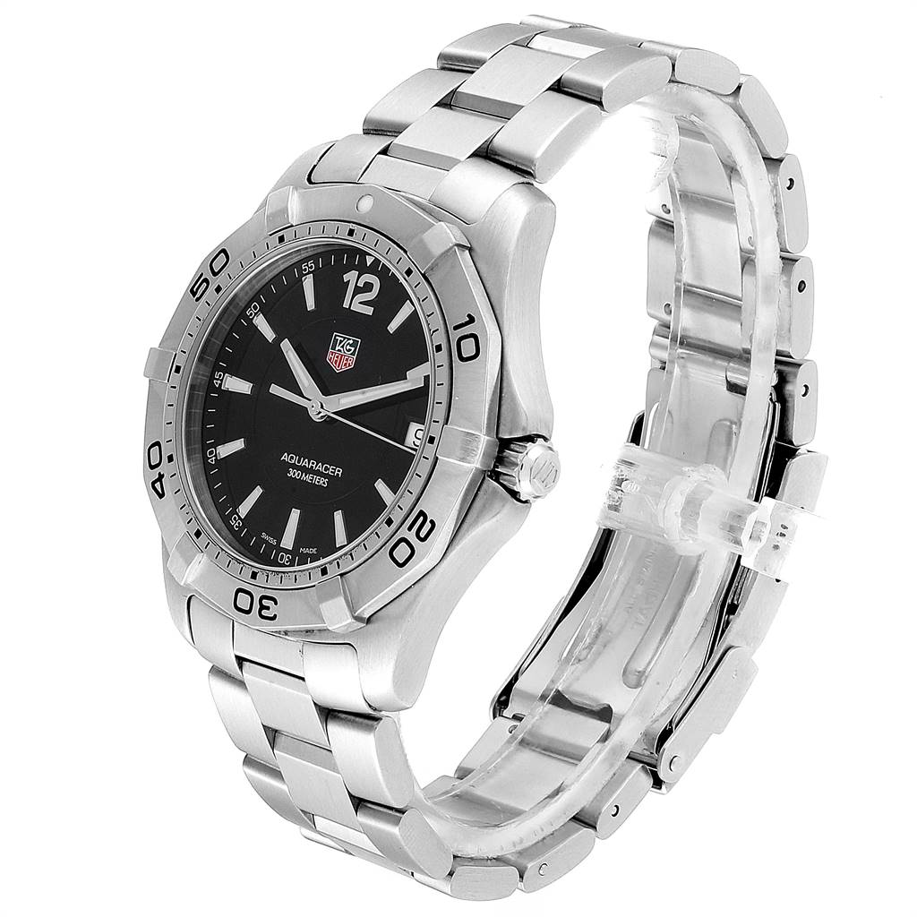 This Tag Heuer Aquaracer WAF1110.BA0800 Men's Stainless Steel Black Dial WAF1110.BA0800 Men's Stainless Steel Black Dial watch is shown at a three-quarter angle, displaying the face, bezel, crown, and metal bracelet.