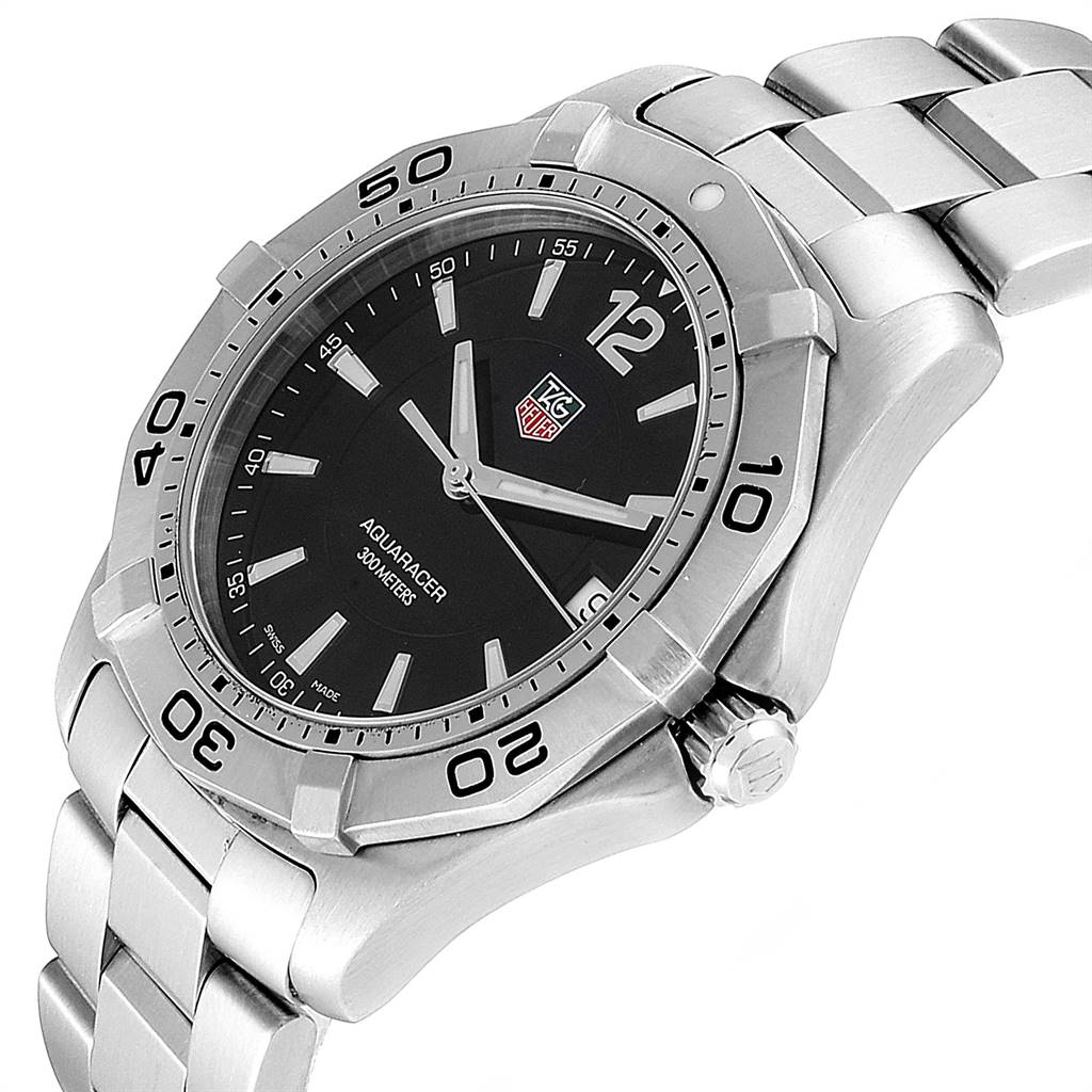 The Tag Heuer Aquaracer WAF1110.BA0800 Men's Stainless Steel Black Dial WAF1110.BA0800 Men's Stainless Steel Black Dial watch is shown at a 3/4 angle, displaying its bezel, dial, and metal bracelet.