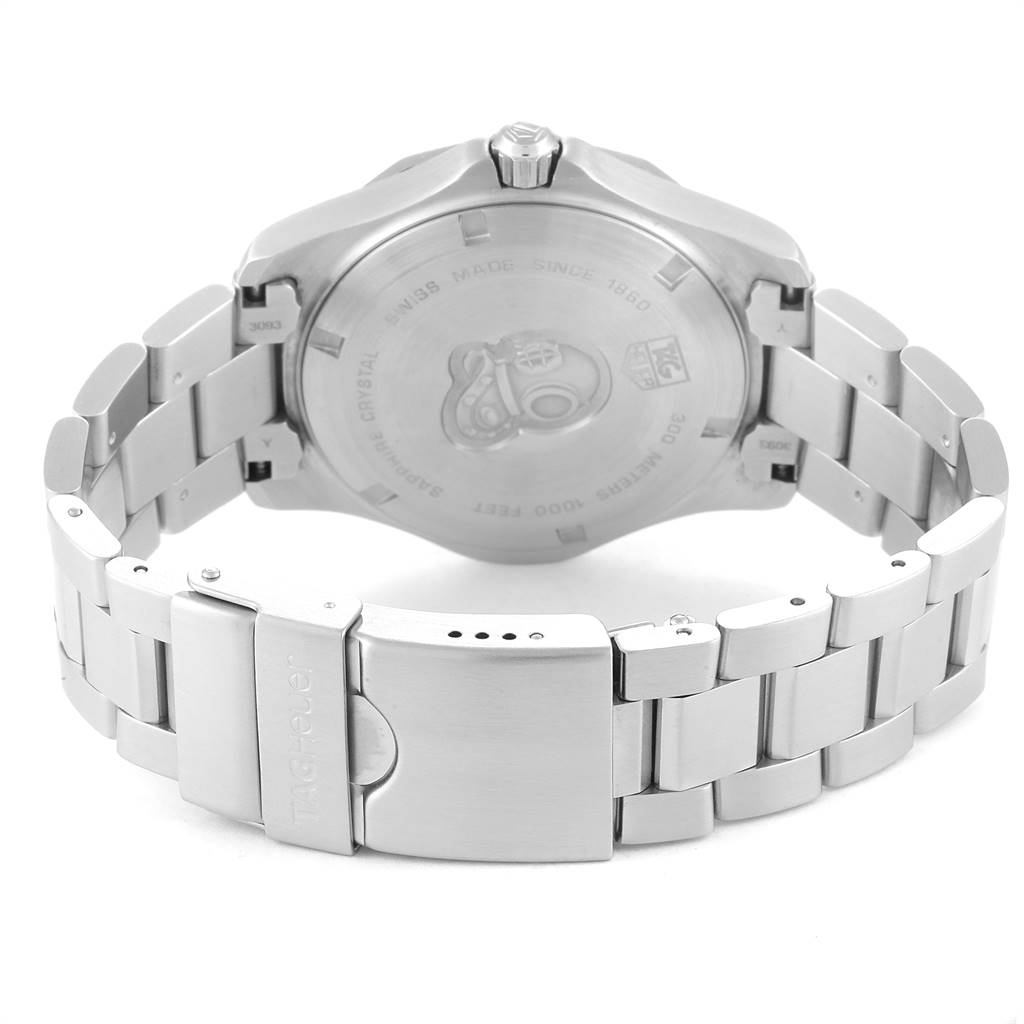 The image shows the back and clasp of a Tag Heuer Aquaracer WAF1110.BA0800 Men's Stainless Steel Black Dial WAF1110.BA0800 Men's Stainless Steel Black Dial watch, highlighting the case back and stainless steel bracelet.