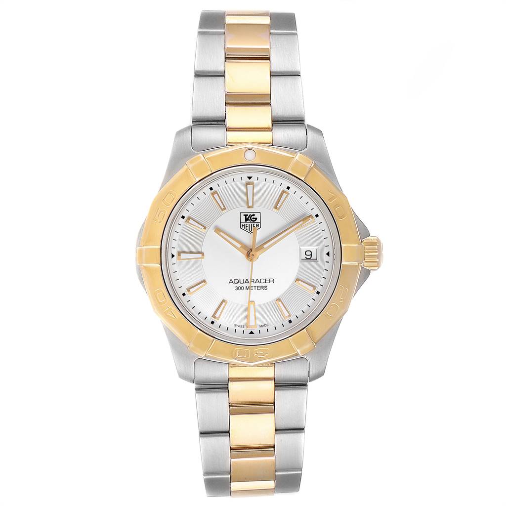 The image shows a front view of a Tag Heuer Aquaracer WAP1120.BB0832 Men's Steel and Gold (two tone) Silver Dial WAP1120.BB0832 Men's Steel and Gold (two tone) Silver Dial watch, displaying its face, bezel, and two-tone bracelet. 