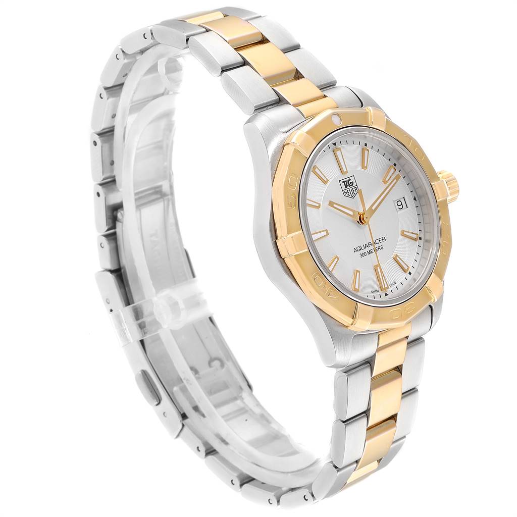 The Tag Heuer Aquaracer WAP1120.BB0832 Men's Steel and Gold (two tone) Silver Dial WAP1120.BB0832 Men's Steel and Gold (two tone) Silver Dial watch is shown at a slight side angle, highlighting its two-tone bracelet and bezel.