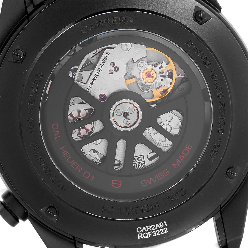 This image shows the back of a Tag Heuer Carrera CAR2A91.BH0742 Men's Stainless Steel Black Dial CAR2A91.BH0742 Men's Stainless Steel Black Dial watch, highlighting its automatic movement mechanism.