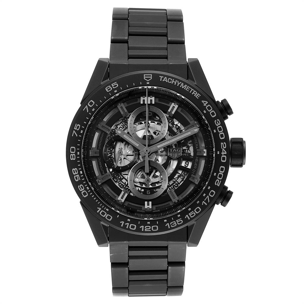 The image shows a front view of the Tag Heuer Carrera CAR2A91.BH0742 Men's Stainless Steel Black Dial CAR2A91.BH0742 Men's Stainless Steel Black Dial watch, displaying its bracelet, dial, and tachymeter bezel.
