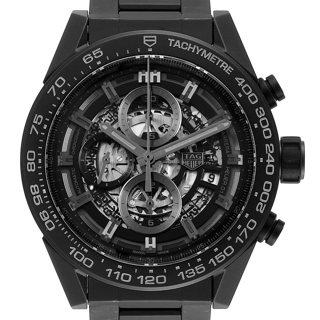 The image shows a front view of the Tag Heuer Carrera CAR2A91.BH0742 Men's Stainless Steel Black Dial CAR2A91.BH0742 Men's Stainless Steel Black Dial watch, displaying its tachymeter, sub-dials, and skeleton design.