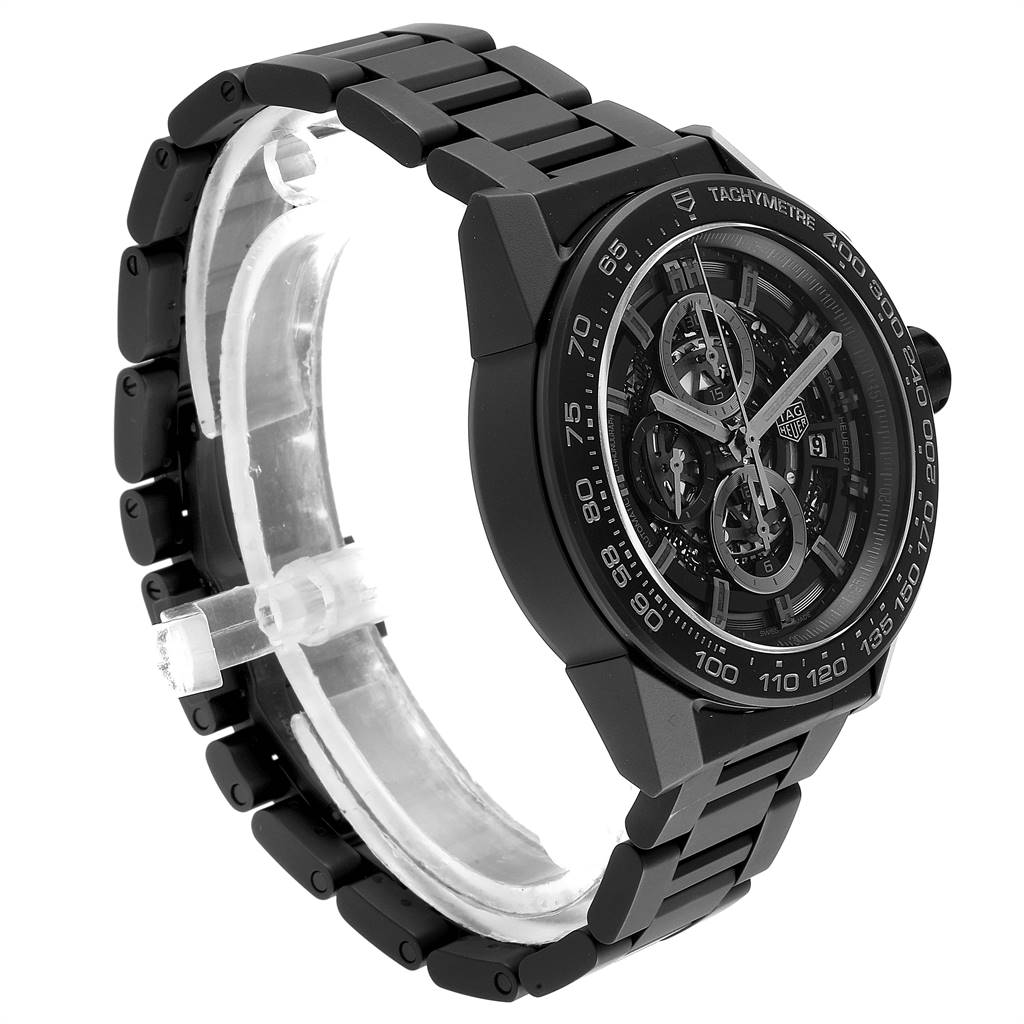 The image shows a side and front view of the Tag Heuer Carrera CAR2A91.BH0742 Men's Stainless Steel Black Dial CAR2A91.BH0742 Men's Stainless Steel Black Dial model watch, highlighting its bracelet and skeleton dial.