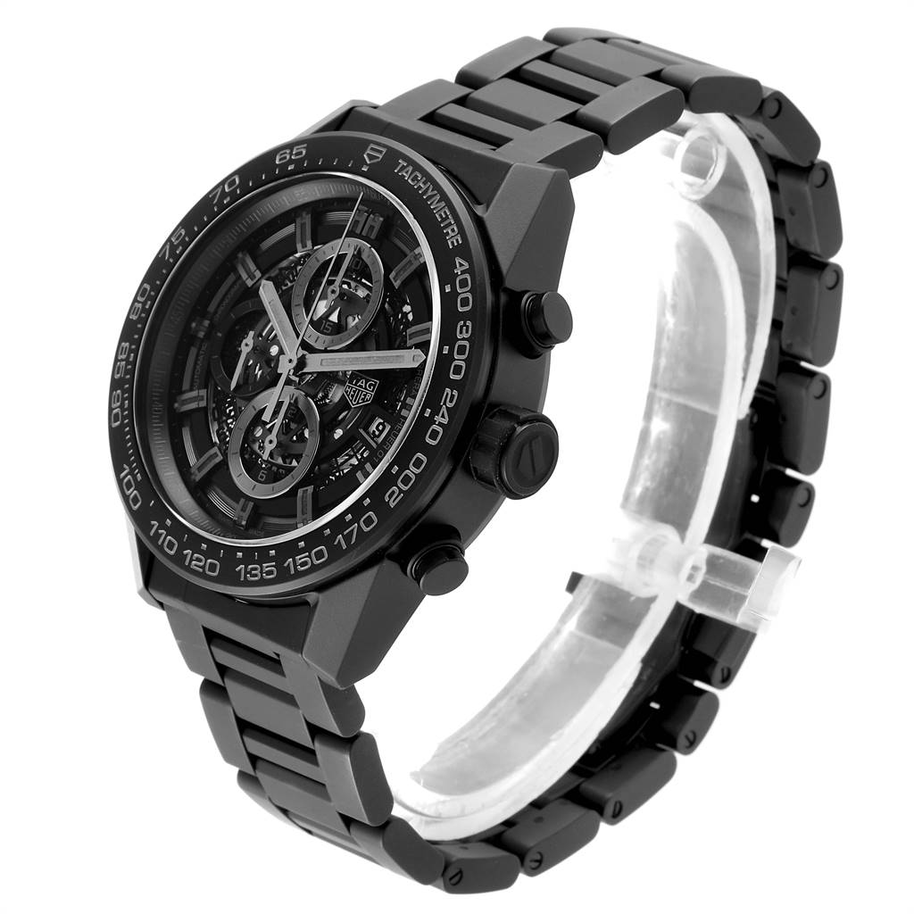 The image shows a side and front angle of the Tag Heuer Carrera CAR2A91.BH0742 Men's Stainless Steel Black Dial CAR2A91.BH0742 Men's Stainless Steel Black Dial watch, highlighting its face, bezel, and metal bracelet.