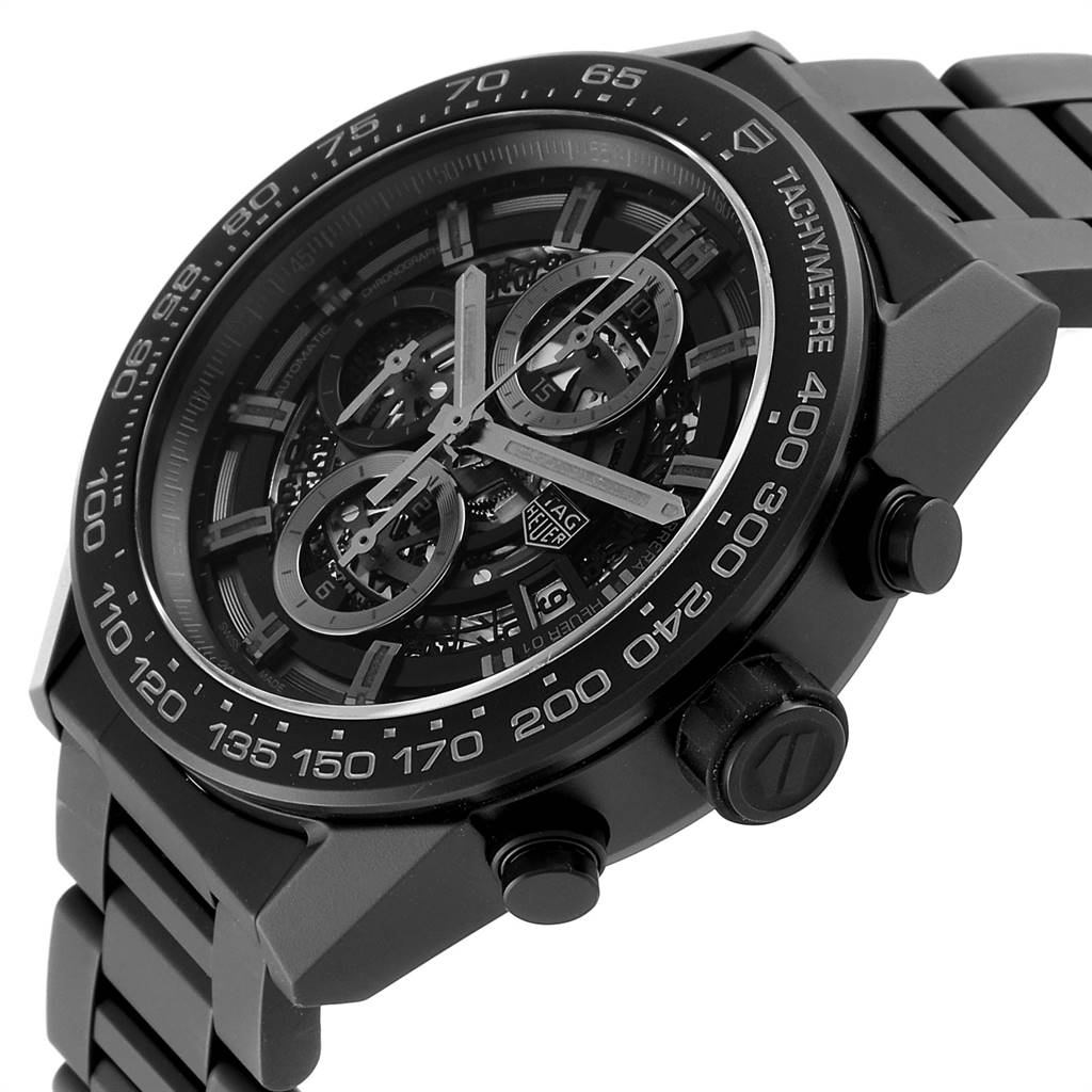 The Tag Heuer Carrera CAR2A91.BH0742 Men's Stainless Steel Black Dial CAR2A91.BH0742 Men's Stainless Steel Black Dial watch is shown at a three-quarter angle, highlighting its face and partially visible bracelet.