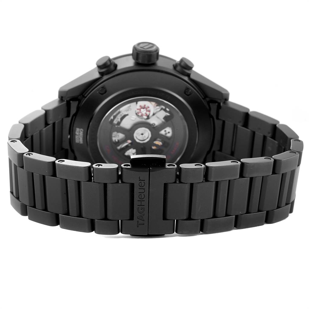 The image shows the backside and bracelet of a Tag Heuer Carrera CAR2A91.BH0742 Men's Stainless Steel Black Dial CAR2A91.BH0742 Men's Stainless Steel Black Dial watch, highlighting the movement and clasp.
