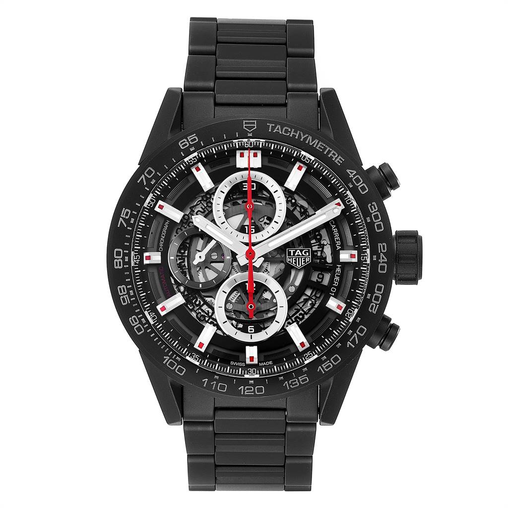 The image shows a front view of the Tag Heuer Carrera CAR2090.BH0729 Men's Stainless Steel Black Dial CAR2090.BH0729 Men's Stainless Steel Black Dial watch, showcasing its dial, bezel, and bracelet.