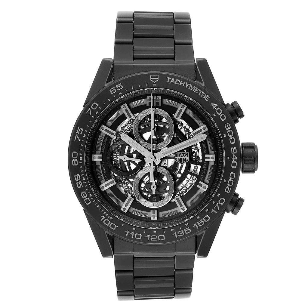 The Tag Heuer Carrera CAR2A91.BH0742 Men's Stainless Steel Black Dial CAR2A91.BH0742 Men's Stainless Steel Black Dial watch is shown from the front angle, displaying its face, tachymeter bezel, and metal bracelet.