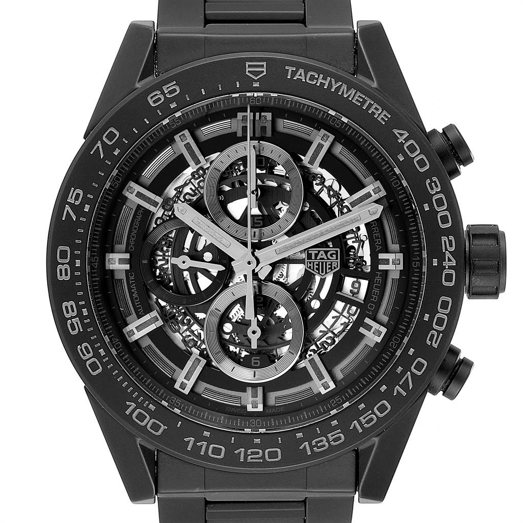 This Tag Heuer Carrera CAR2A91.BH0742 Men's Stainless Steel Black Dial CAR2A91.BH0742 Men's Stainless Steel Black Dial watch is shown from the front, displaying its black dial, chronograph subdials, and tachymeter bezel.