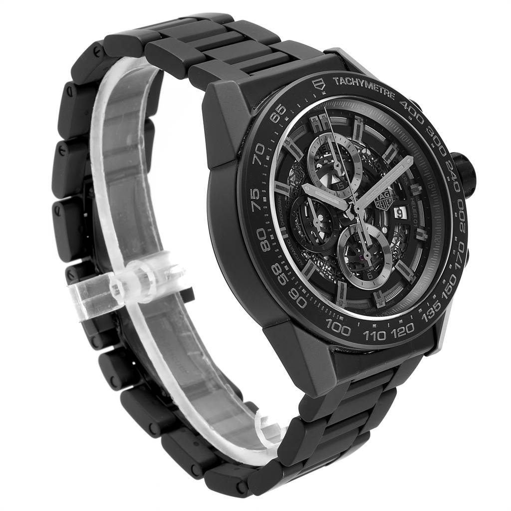 This image shows a side-angle view of the Tag Heuer Carrera CAR2A91.BH0742 Men's Stainless Steel Black Dial CAR2A91.BH0742 Men's Stainless Steel Black Dial watch, featuring its black bracelet, case, and dial with visible chronograph elements.