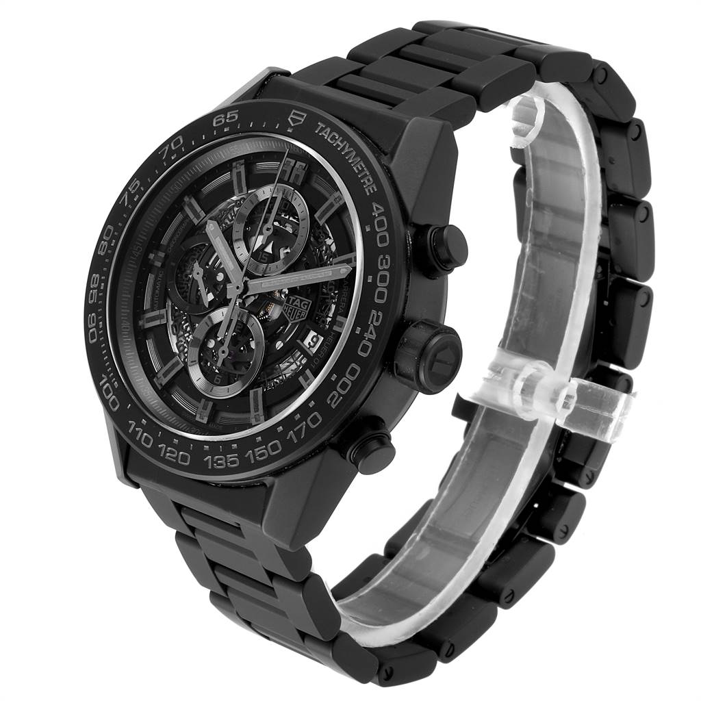 The image shows a side-front angle of a Tag Heuer Carrera CAR2A91.BH0742 Men's Stainless Steel Black Dial CAR2A91.BH0742 Men's Stainless Steel Black Dial watch with a black case, dial, and bracelet.