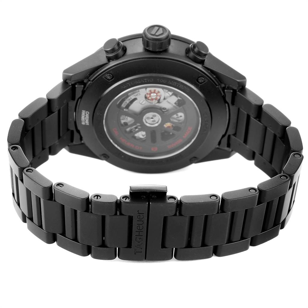 The image shows the back view of the Tag Heuer Carrera CAR2A91.BH0742 Men's Stainless Steel Black Dial CAR2A91.BH0742 Men's Stainless Steel Black Dial watch, highlighting its case back and bracelet.