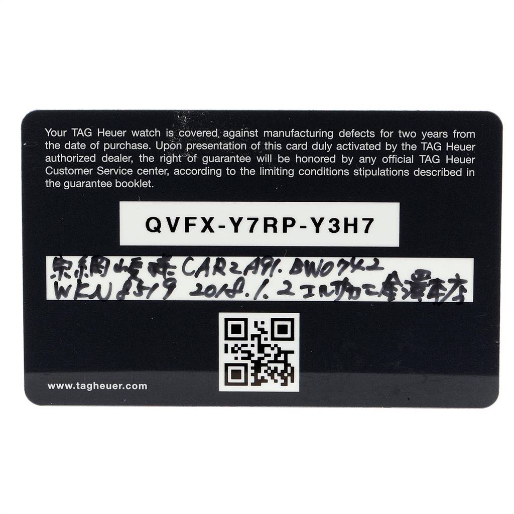 This image shows the warranty card for a Tag Heuer Carrera CAR2A91.BH0742 Men's Stainless Steel Black Dial CAR2A91.BH0742 Men's Stainless Steel Black Dial model.