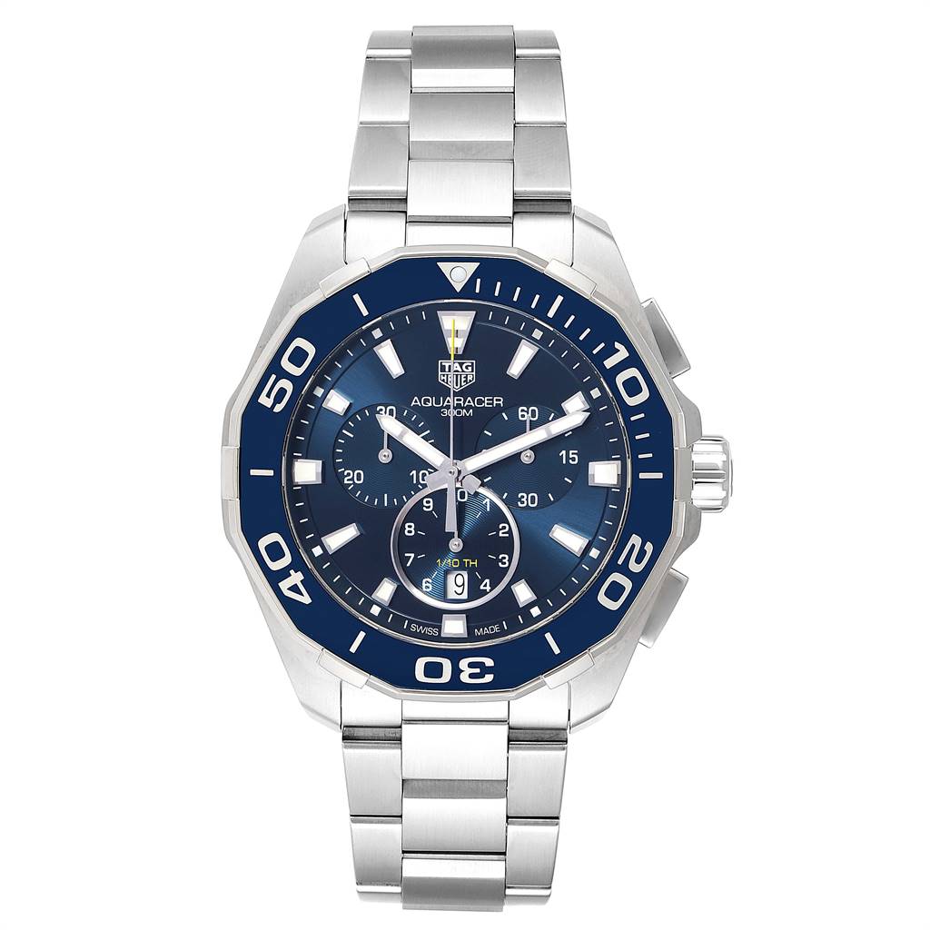The image shows a front view of the Tag Heuer Aquaracer CAY111B.BA0927 Men
s Stainless Steel Blue Dial CAY111B.BA0927 Men
s Stainless Steel Blue Dial watch, highlighting its blue dial, bezel, and stainless steel bracelet.