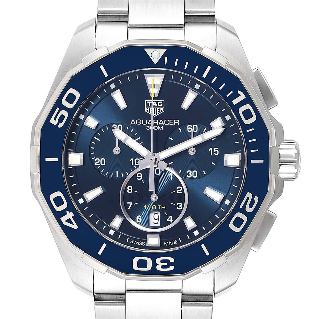 This Tag Heuer Aquaracer CAY111B.BA0927 Men
s Stainless Steel Blue Dial CAY111B.BA0927 Men
s Stainless Steel Blue Dial model watch is shown from a front angle, displaying the face, bezel, and part of the bracelet.