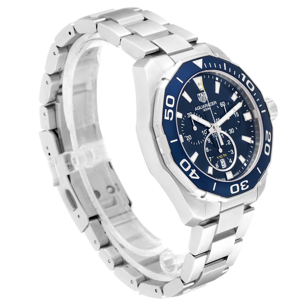 This image shows a Tag Heuer Aquaracer CAY111B.BA0927 Men
s Stainless Steel Blue Dial CAY111B.BA0927 Men
s Stainless Steel Blue Dial watch angled from the left, highlighting the bezel, dial, and bracelet.