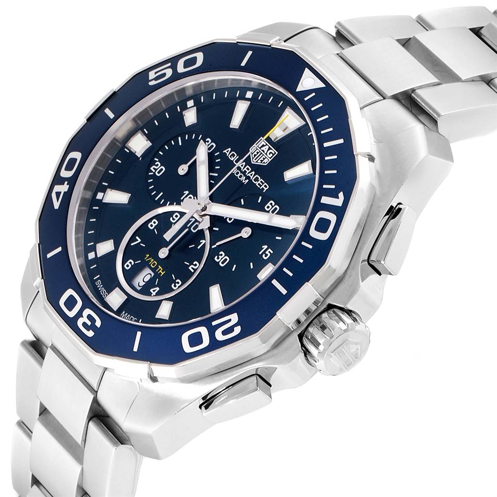 The image shows a close-up of the dial, bezel, and bracelet of a Tag Heuer Aquaracer CAY111B.BA0927 Men
s Stainless Steel Blue Dial CAY111B.BA0927 Men
s Stainless Steel Blue Dial from an angled view.