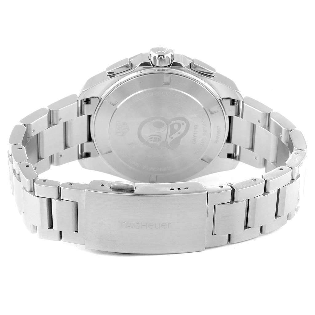 This image shows the back view of the Tag Heuer Aquaracer CAY111B.BA0927 Men
s Stainless Steel Blue Dial CAY111B.BA0927 Men
s Stainless Steel Blue Dial watch, focusing on the case back and metal bracelet with the clasp.