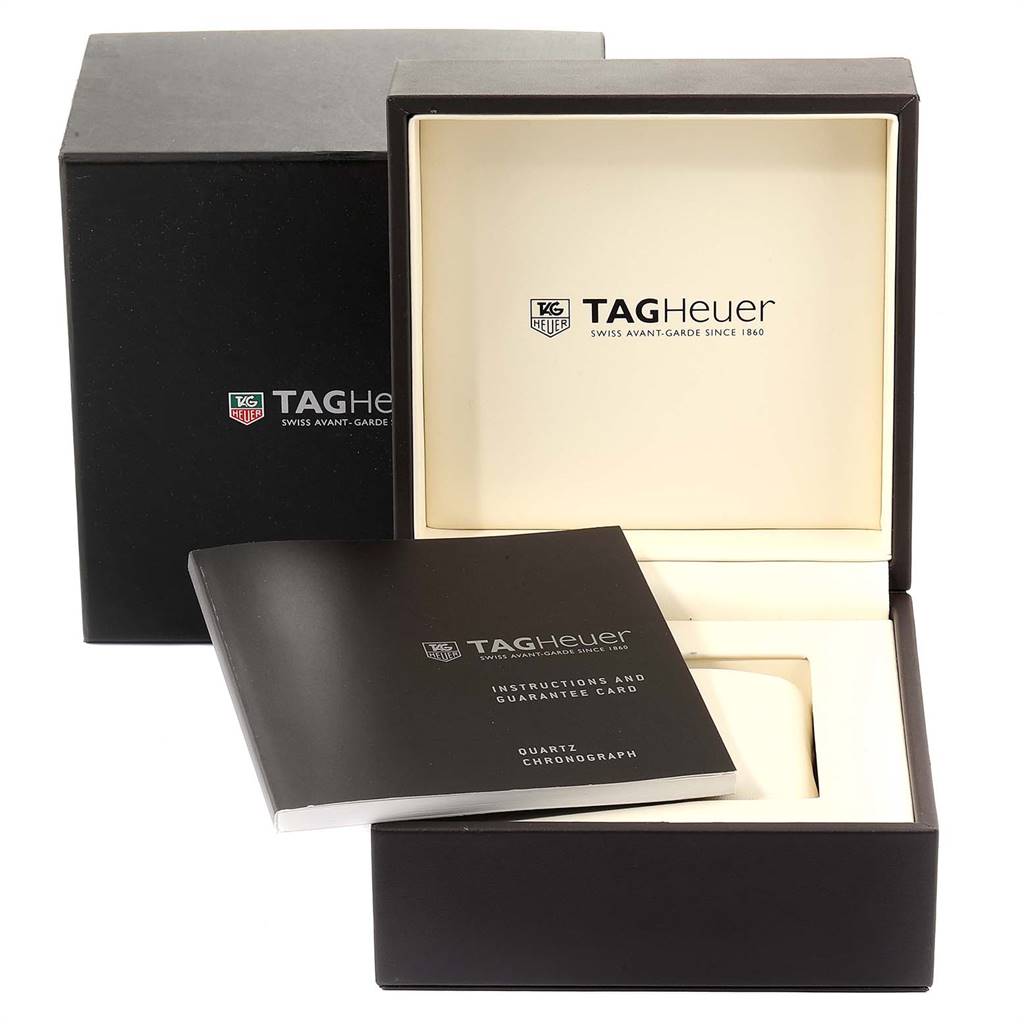 The image shows the box, an open case, and instructions for a Tag Heuer Aquaracer CAY111B.BA0927 Men
s Stainless Steel Blue Dial CAY111B.BA0927 Men
s Stainless Steel Blue Dial watch.