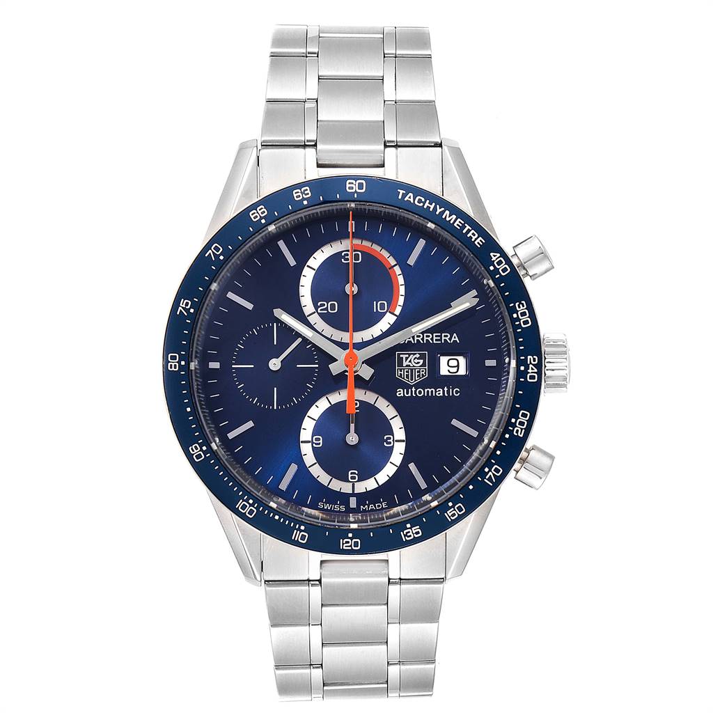 The image shows a front view of the Tag Heuer Carrera CV2A1V.BA0738 Men's Stainless Steel Blue Dial CV2A1V.BA0738 Men's Stainless Steel Blue Dial watch, displaying its face, bezel, crown, and stainless steel bracelet.