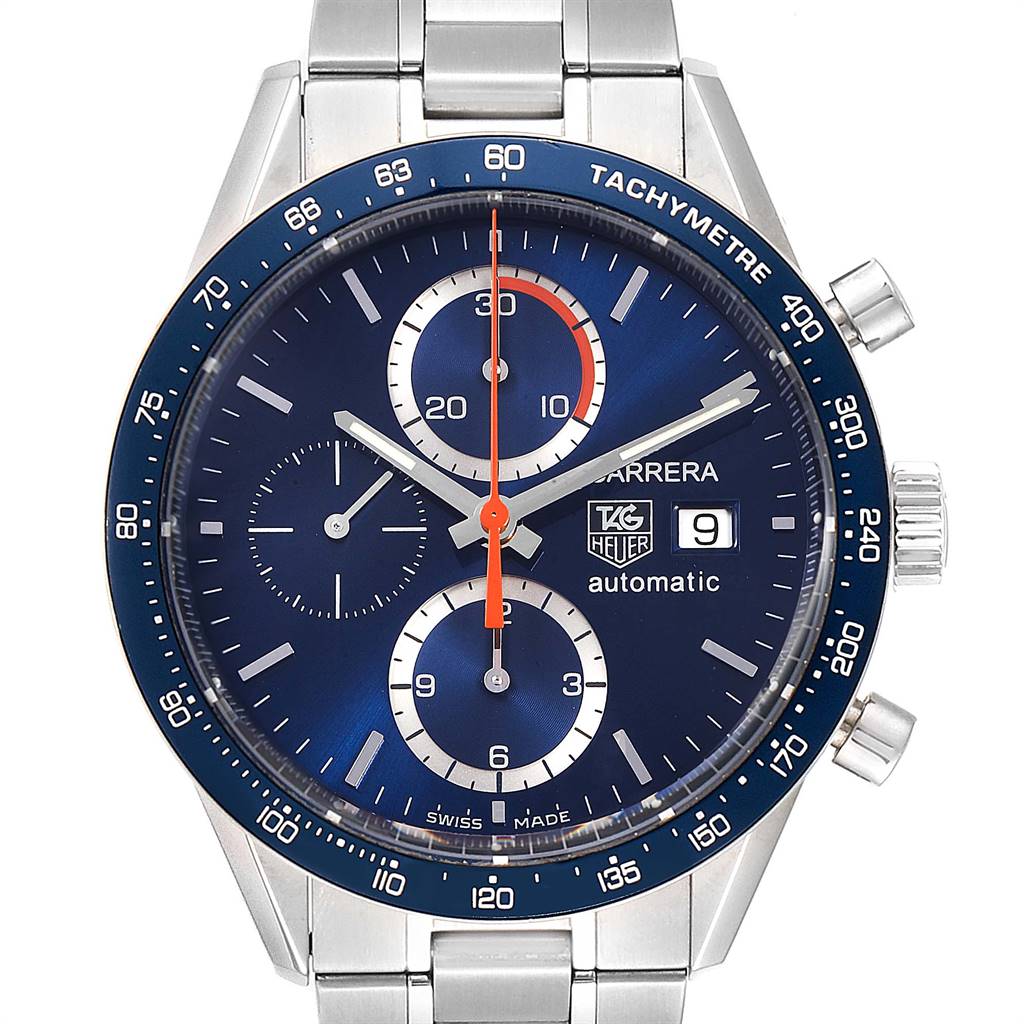 This image shows a front view of the Tag Heuer Carrera CV2A1V.BA0738 Men's Stainless Steel Blue Dial CV2A1V.BA0738 Men's Stainless Steel Blue Dial watch, including the dial, bezel, and metal bracelet.