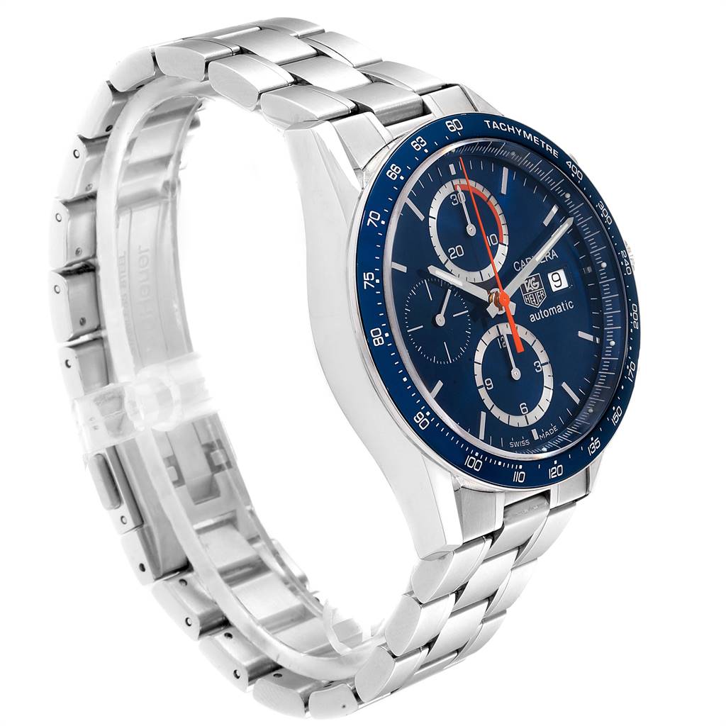 This image shows a Tag Heuer Carrera CV2A1V.BA0738 Men's Stainless Steel Blue Dial CV2A1V.BA0738 Men's Stainless Steel Blue Dial watch from a three-quarter angle, highlighting its bracelet, dial, and bezel.