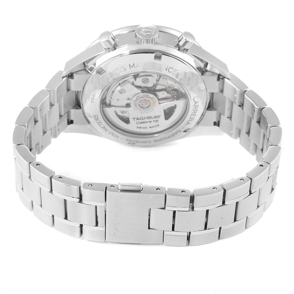 This image shows the back view of a Tag Heuer Carrera CV2A1V.BA0738 Men's Stainless Steel Blue Dial CV2A1V.BA0738 Men's Stainless Steel Blue Dial watch, highlighting its case back and metal bracelet.