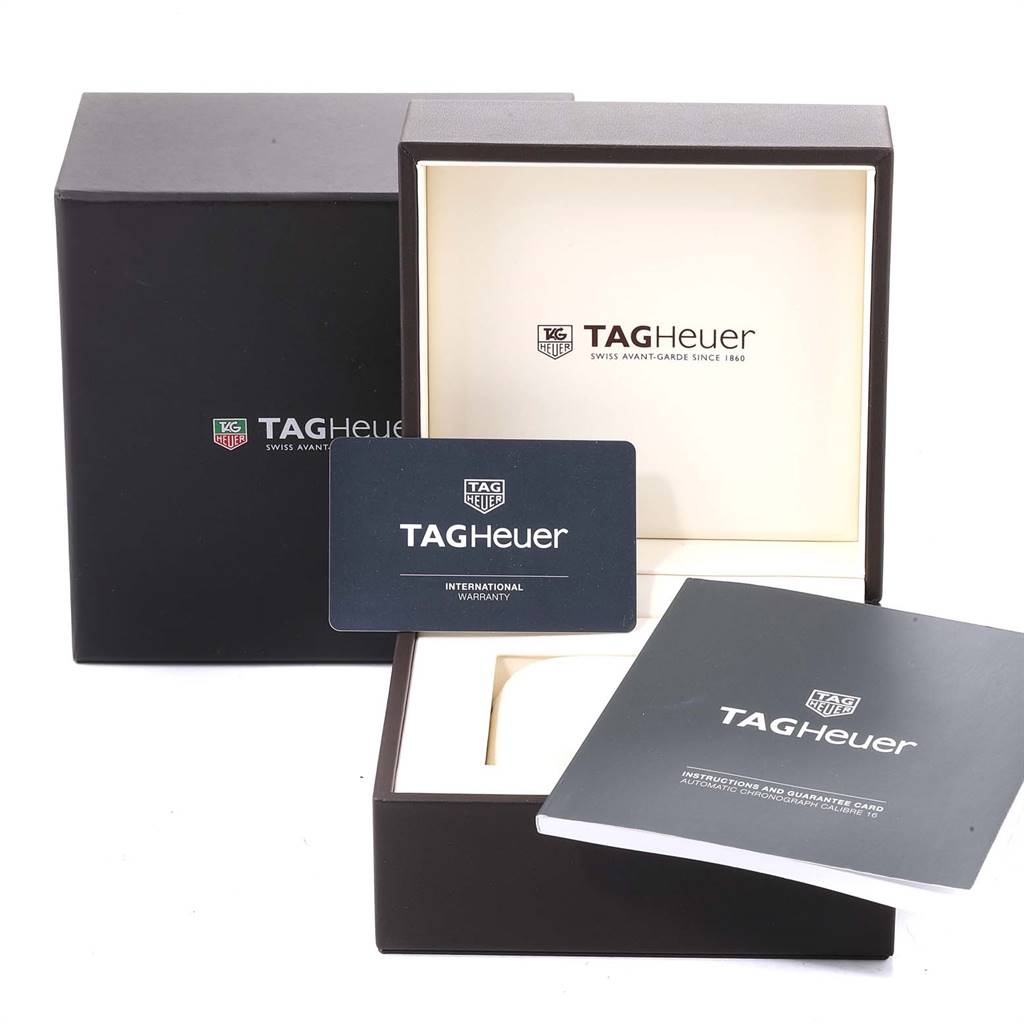 The image shows the packaging box, warranty card, and manual for the Tag Heuer Carrera CV2A1V.BA0738 Men's Stainless Steel Blue Dial CV2A1V.BA0738 Men's Stainless Steel Blue Dial model watch.