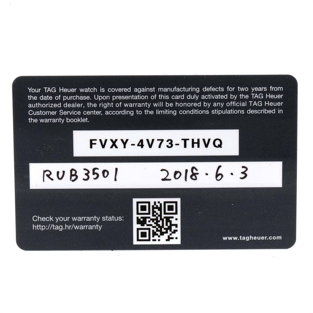 This image shows the warranty card for a Tag Heuer Carrera CV2A1V.BA0738 Men's Stainless Steel Blue Dial CV2A1V.BA0738 Men's Stainless Steel Blue Dial watch, including the serial number, date of purchase, and QR code.