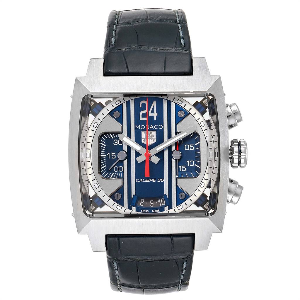 The image shows a front view of the Tag Heuer Monaco CAL5111.FC6299 Men's Stainless Steel Blue Dial CAL5111.FC6299 Men's Stainless Steel Blue Dial watch, featuring its square face, dials, and black leather strap.