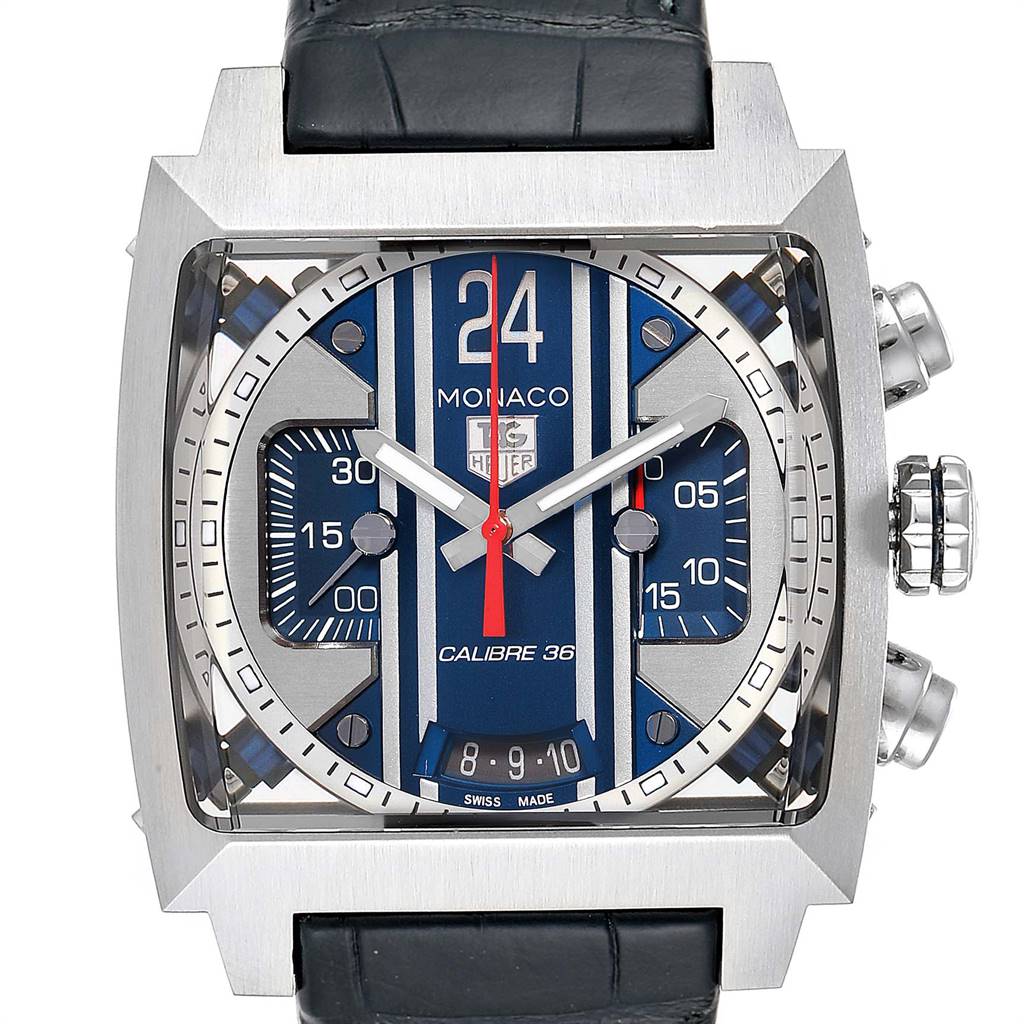 The image shows a front view of the Tag Heuer Monaco CAL5111.FC6299 Men's Stainless Steel Blue Dial CAL5111.FC6299 Men's Stainless Steel Blue Dial watch, displaying its square face and detailed dial.