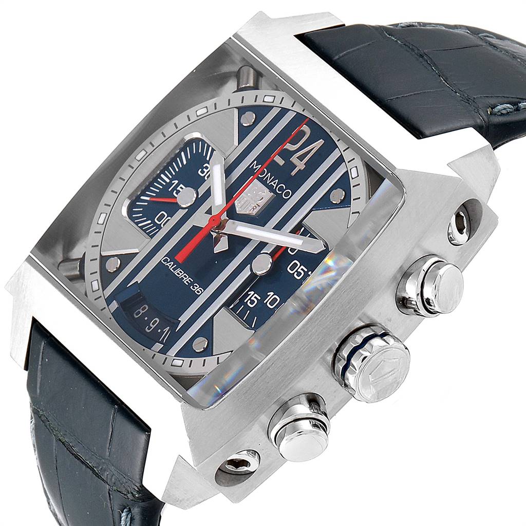 The image shows a close-up angled view of the Tag Heuer Monaco CAL5111.FC6299 Men's Stainless Steel Blue Dial CAL5111.FC6299 Men's Stainless Steel Blue Dial watch face and side buttons.