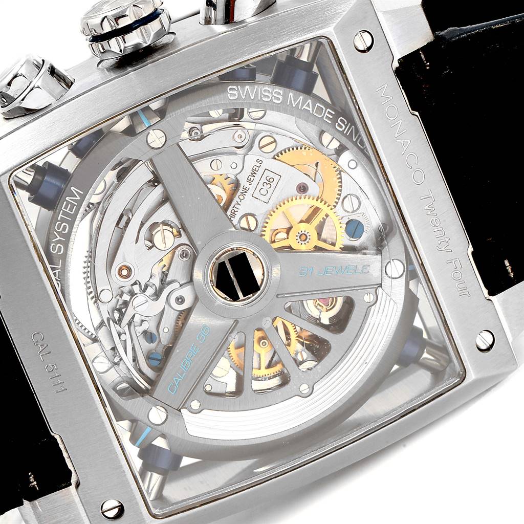 The image shows the back case and the intricate movement mechanism of the Tag Heuer Monaco CAL5111.FC6299 Men's Stainless Steel Blue Dial CAL5111.FC6299 Men's Stainless Steel Blue Dial watch.