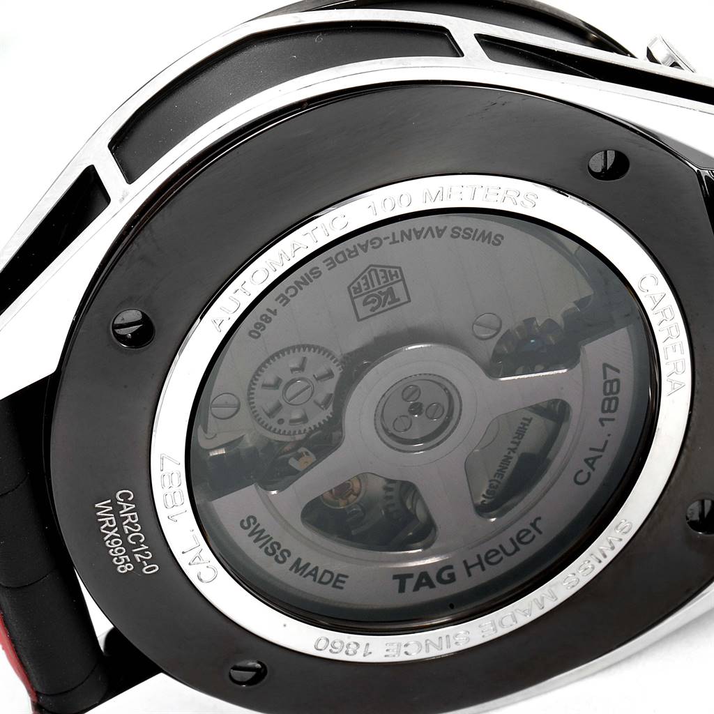 This image shows the back of a Tag Heuer Carrera CAR2C12.FC6327 Men's Titanium Grey Dial CAR2C12.FC6327 Men's Titanium Grey Dial watch, highlighting its automatic movement and mechanical components.