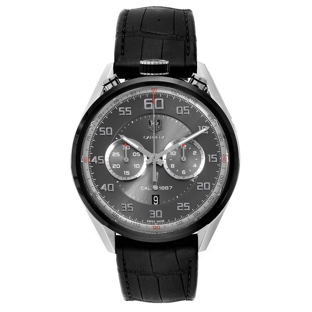 The image shows a front view of a Tag Heuer Carrera CAR2C12.FC6327 Men's Titanium Grey Dial CAR2C12.FC6327 Men's Titanium Grey Dial watch with a black leather strap and a tachymeter bezel.
