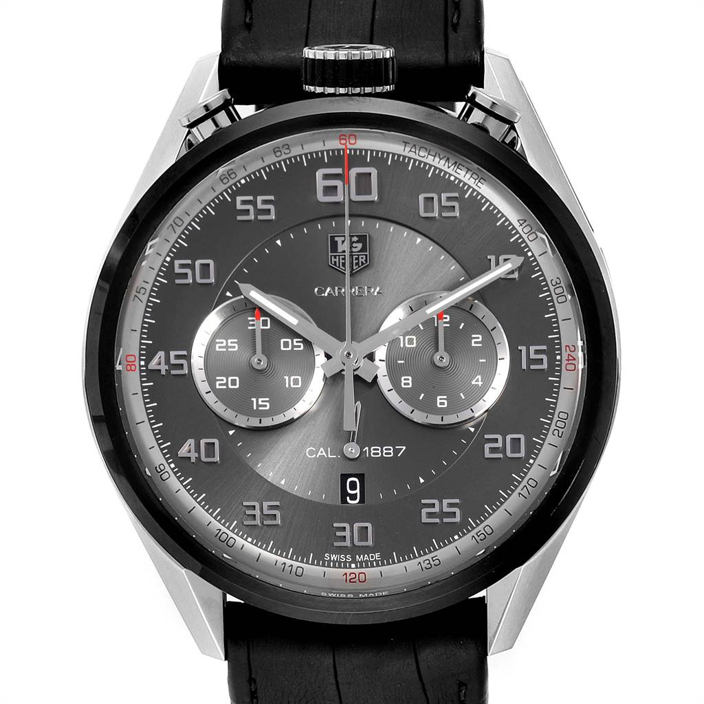 The image shows a front view of a Tag Heuer Carrera CAR2C12.FC6327 Men's Titanium Grey Dial CAR2C12.FC6327 Men's Titanium Grey Dial watch, highlighting its dial, chronograph subdials, and tachymeter scale.