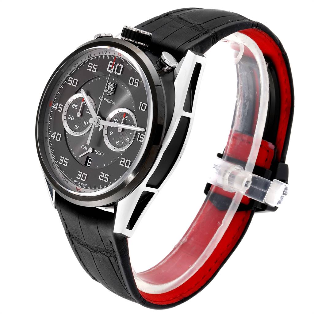 The image shows a side angle of the Tag Heuer Carrera CAR2C12.FC6327 Men's Titanium Grey Dial CAR2C12.FC6327 Men's Titanium Grey Dial watch, highlighting its black strap and chronograph dial.