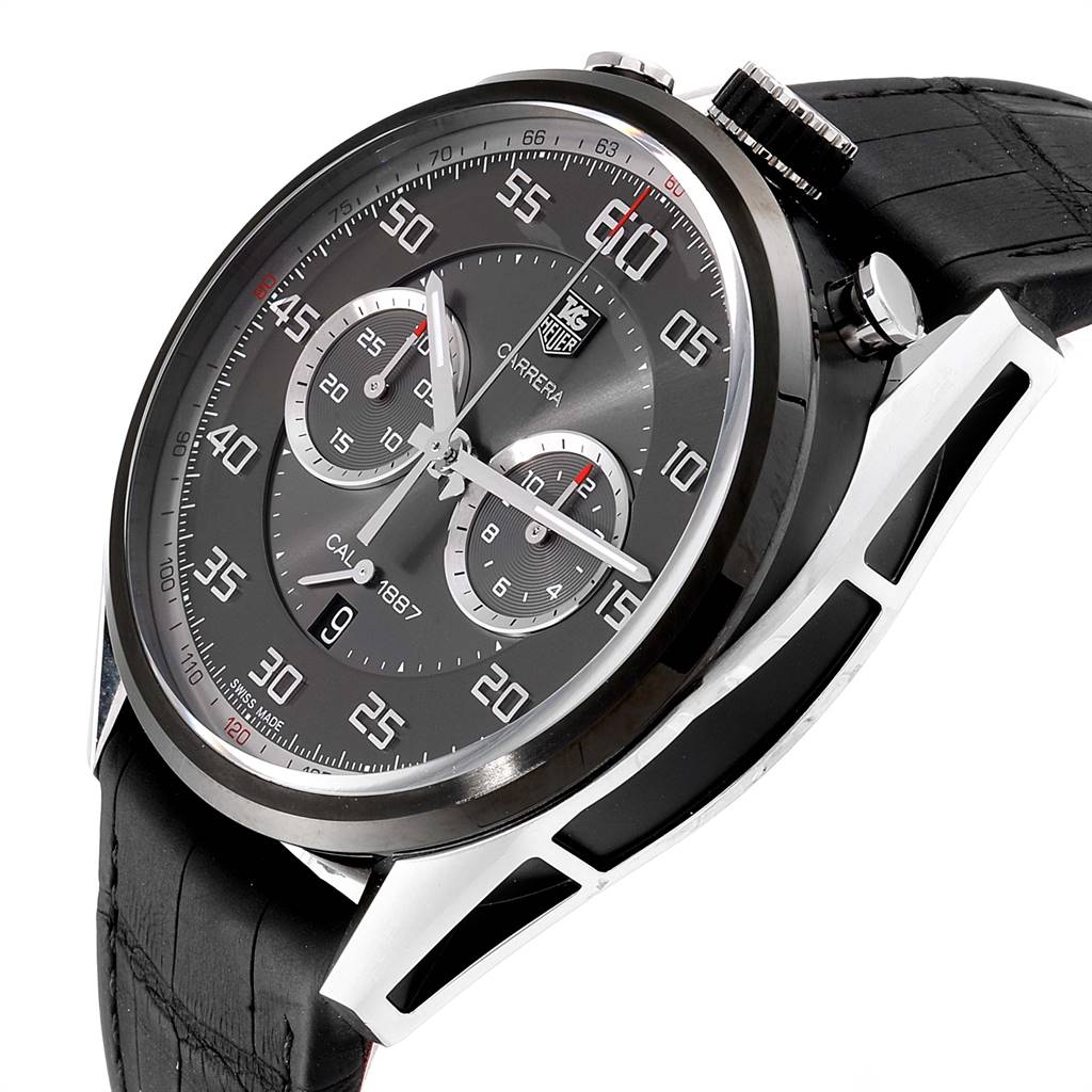 The Tag Heuer Carrera CAR2C12.FC6327 Men's Titanium Grey Dial CAR2C12.FC6327 Men's Titanium Grey Dial watch is shown at an angle displaying its dial, bezel, lugs, and partial strap.